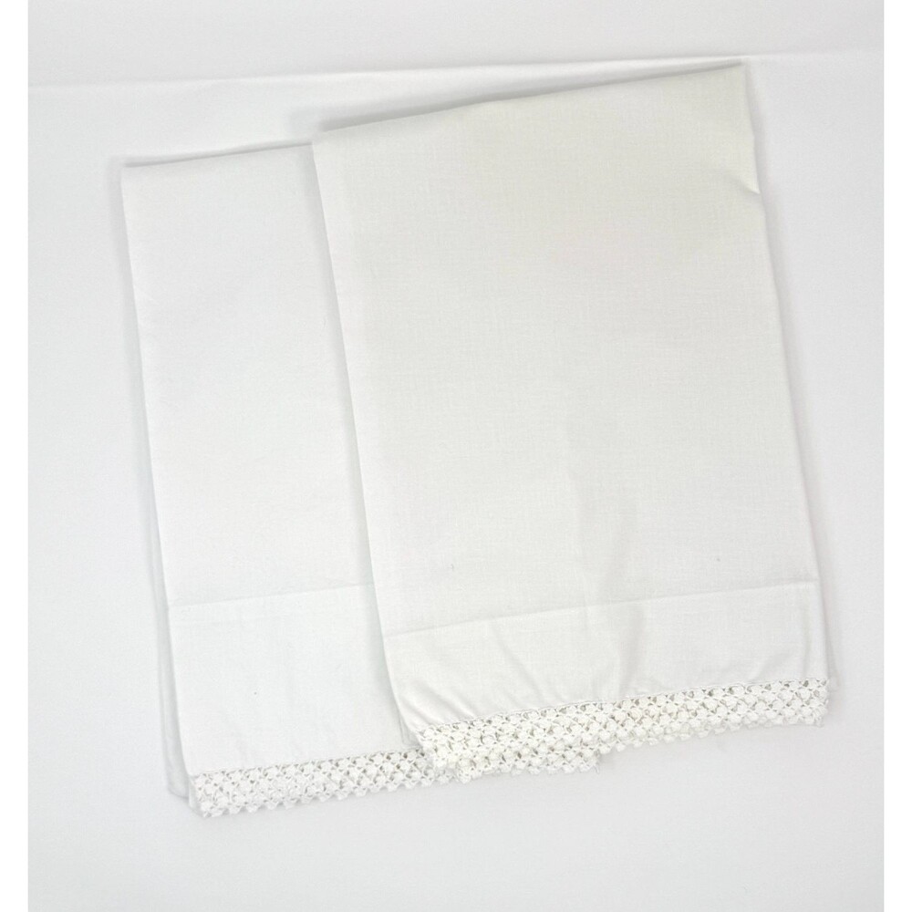 Vintage White Pillowcases Pair Crochet Lace Trim Springmaid JCPenney Standard